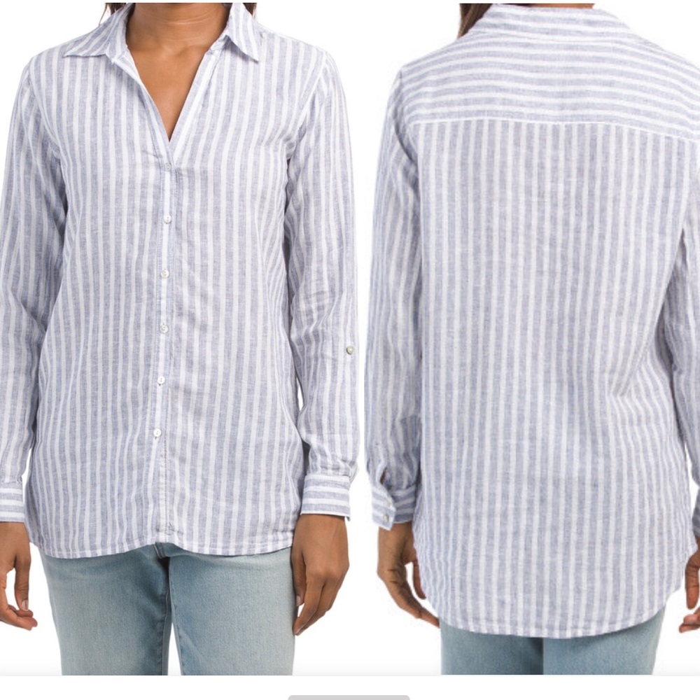 Sigrid Olsen linen blend button up long sleeve shirt roll tabs blue white small